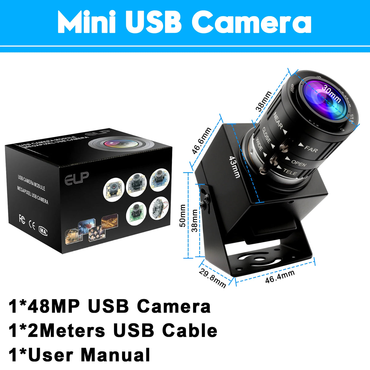 ELP 48MP USB Camera IMX586 8K CMOS UVC Mini USB Webcam Industrial Video Camera with 3.6-10mm Varifocal Zoom Lens