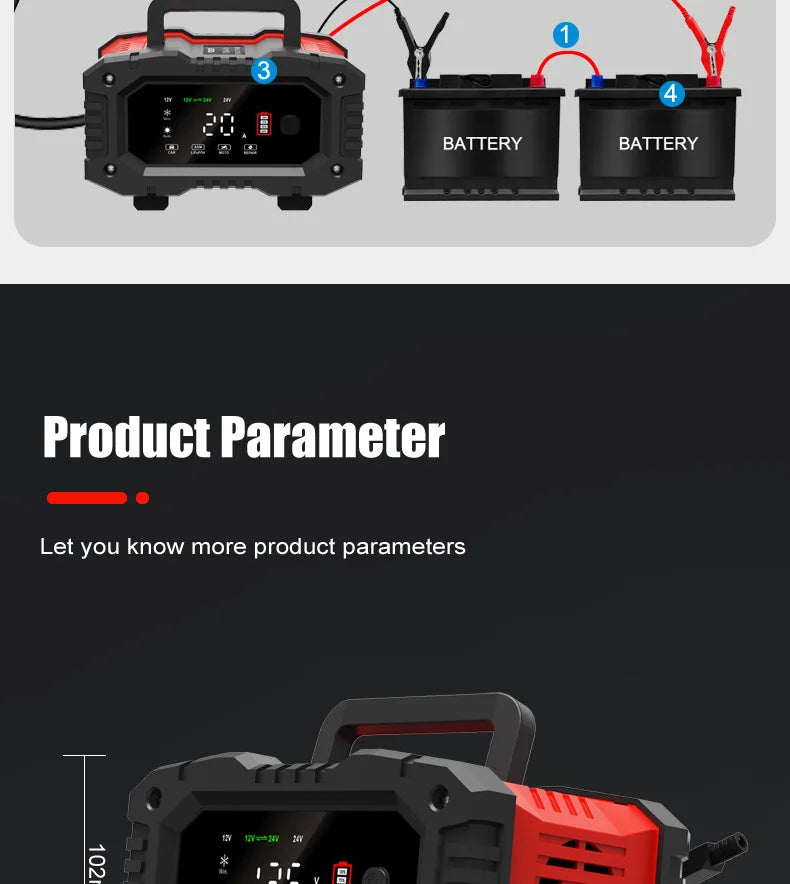 20A/10A Car Motorcycle Battery Charger 12V/24V Smart Charger Lithium AGM GEL Lead-Acid LiFePO4 Battery Chargers