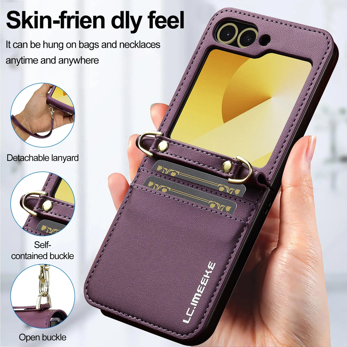 Crossbody Cards Solt Wallet Leather Case For Samsung Galaxy Z Flip 8 7 FE 6 5 4 3 5G Flip6 Flip7 Hand Strap Lanyard Pocket Cover