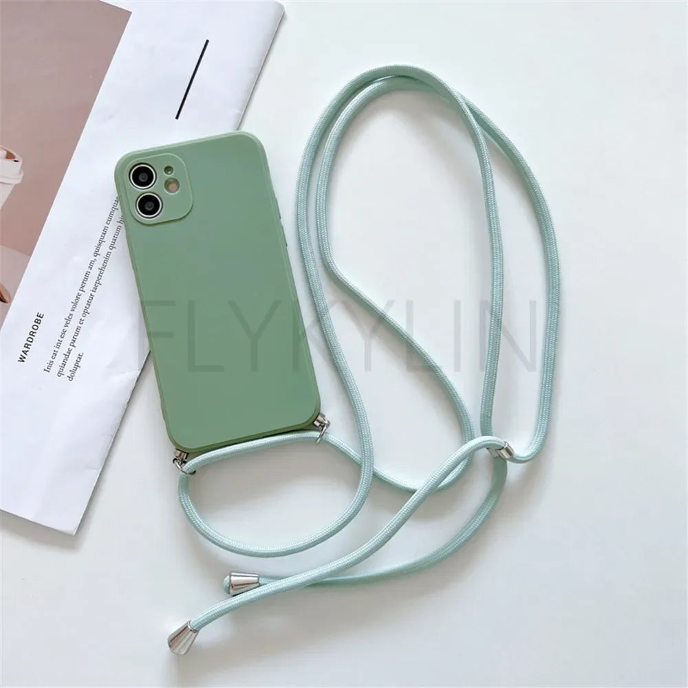 Crossbody Necklace Strap Lanyard Cord Phone Case For iPhone 13 12 MiNi 11 14 15 Pro X XR XS Max 6S 7 8 Plus Soft Silicone Cover