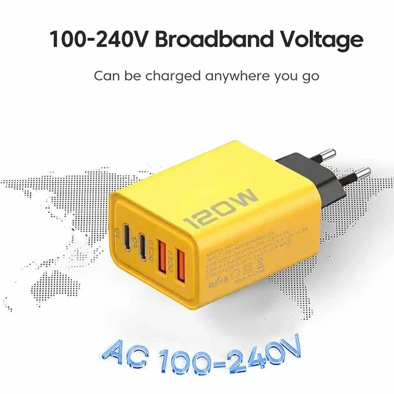 120W 4-Ports USB Type-C Charger Fast Charging Data Cable USB Phone Charger Adapter For Xiaomi IPhone17 16 15 Huawei Wall Charger