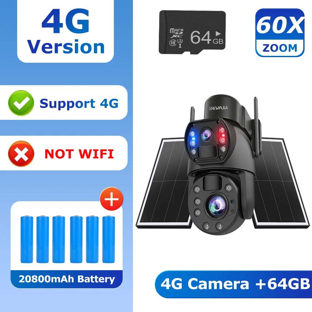 SHIWOJIA 4G Solar Security Camera Outdoor 60X Zoom Dual Screen 10MP WiFi PIR Detection AI Auto Tracking Camera UBOX
