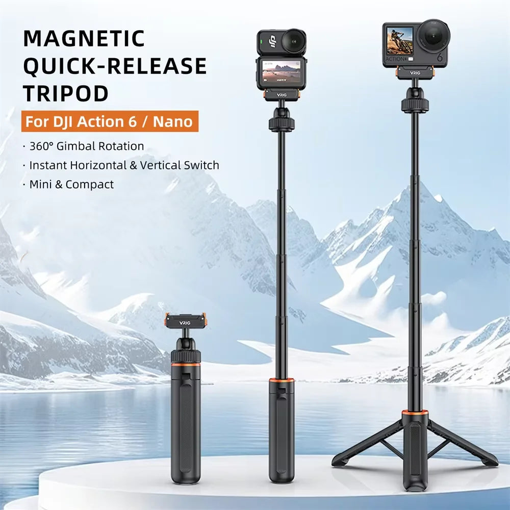 VRIG Magnetic Tripod Stand Quick Release Mount for DJI Action 6/ OSMO/Nano Action Camera Extended Selfie Stick for Video Vlog