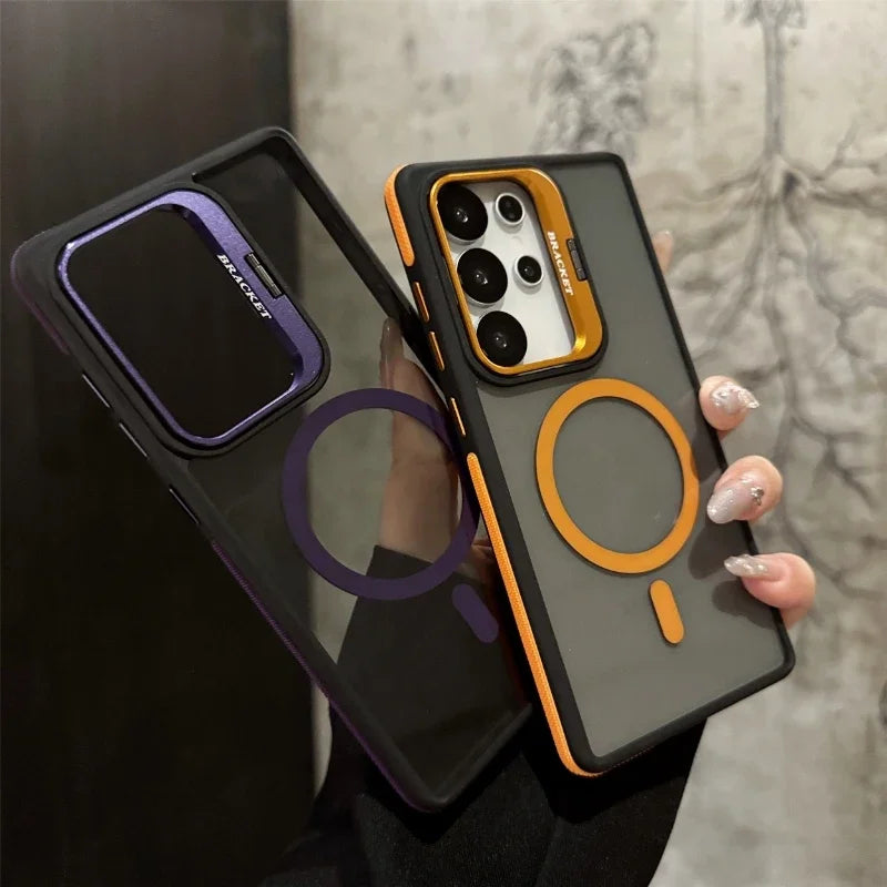 For Magsafe Magnetic Metal Lens Protection Stand Case For Galaxy Samsung S25 S24 S23 S26 Ultra Plus FE Shockproof Cover Bumper
