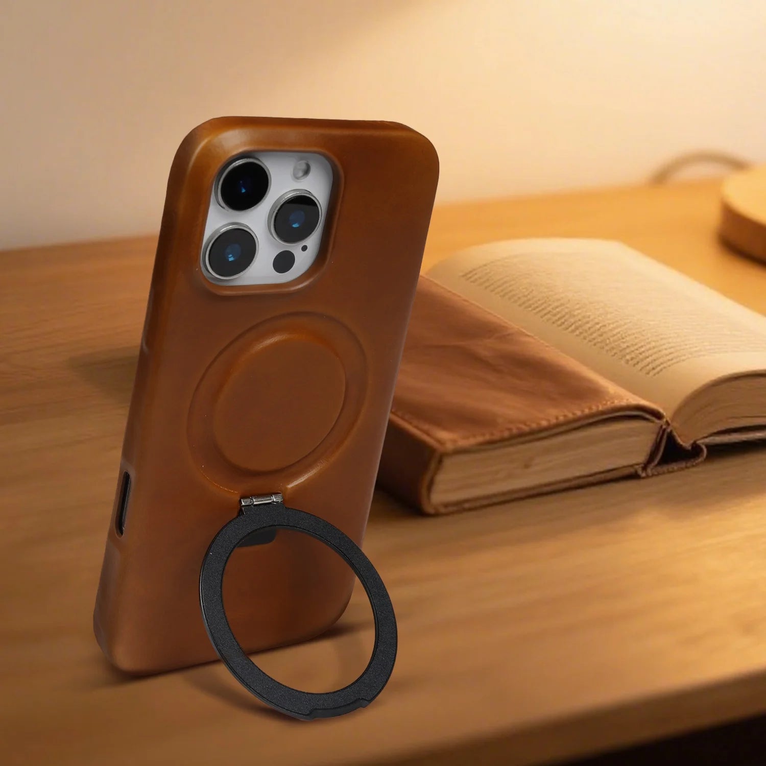 Stand Bracket Genuine Leather Case For iphone 16 Pro Max 16e 15pro 14 13 12 11 Full Wrapped Phone Cases Cover+Magnetic Holder