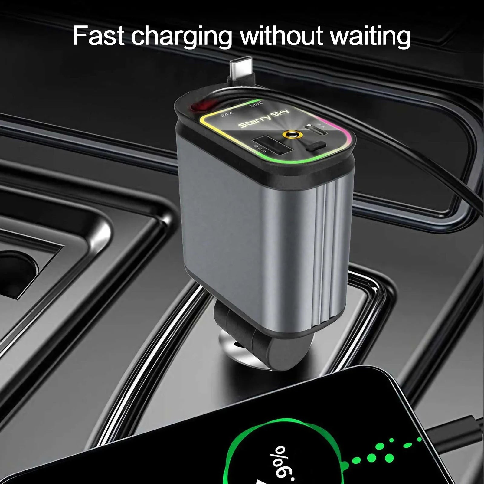 4 in 1 Retractable Car Charger Fast Charging Car Charger  with USB Type-C Cable & 2 Type C Charging Ports, Universal Car Charger
