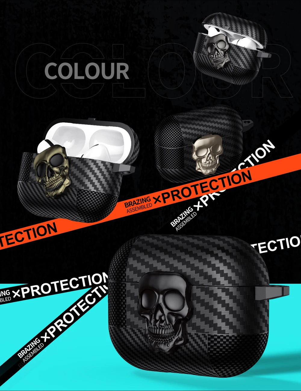 New Earphone Protector Case For Airpods Pro 2 3 4 ANC Cover With Carabiner Rotating Skull Secure Lock Clip Headphone Cases Funda