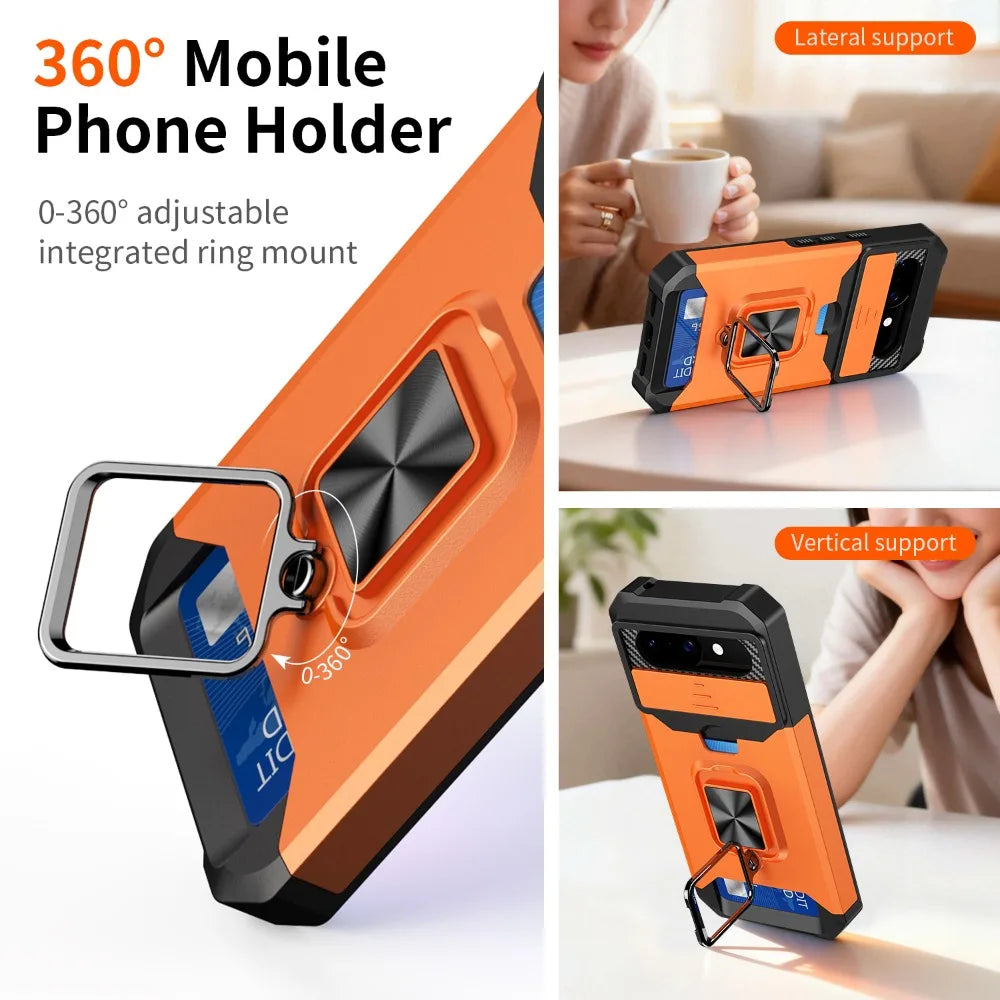 Card Slot Wallet Ring Holder Case For Google Pixel 10 9 Pro XL 8 7 6 Pro 10A 9A 7A 8A 6A Slide Camera Protect Armor Bumper Cover