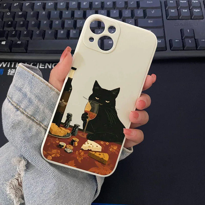 INS Cartoon Red Wine Black Cat Phone Case For Samsung Galaxy S23 S24 S25 Ultra S22 S21 S20 Plus FE A15 A35 A54 A55 A73 Cover