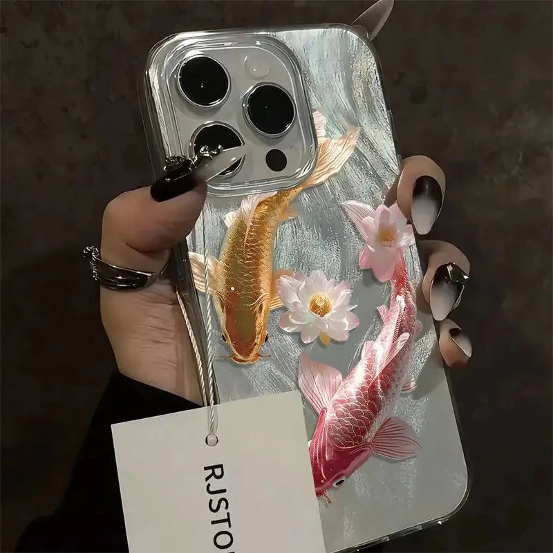 Feather Yarn Colorful Golden Lotus Koi Phone Case For iPhone 11 12 13 14 15 16 17 Air Pro Max XS XR X 7 8 Plus 16E SE 2 Cover