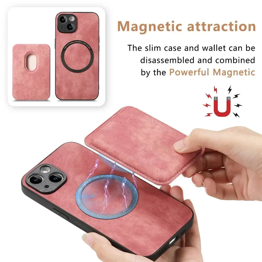 Vintage Leather Case with Detachable Magnetic Wallet Card Holder For iPhone 11 12 13 14 15 16 17 Pro Max Plus Protective Cover