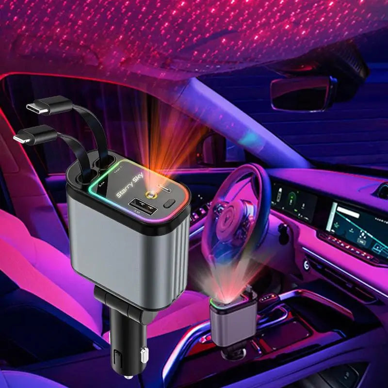 4 in 1 Car Charger with Starry Sky SpotlightRetractable Car Charger with Charging Cable & 2Charging Ports, Universal Car Charger