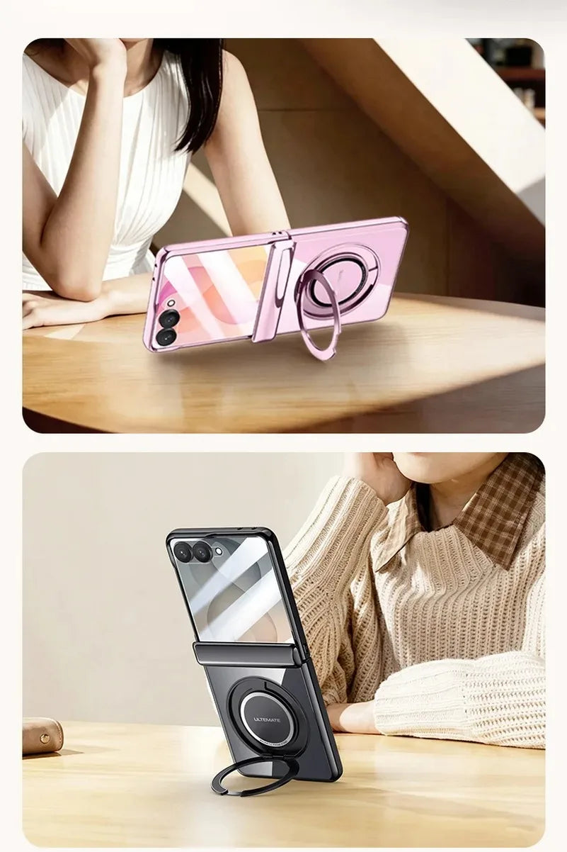 Premium Transparent Magnetic Snap-back Wristband Phone Case For Samsung Galaxy Z Flip 8 With Glass Screen Hinge Protection Cover