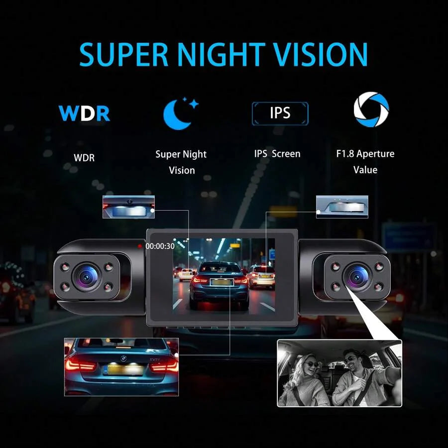 4-Channel 360° Panoramic Dash Cam, 4 Built-in Cameras, 2" IPS Display, Wide-Angle Night Vision, Loop Recording, 150mAh Battery