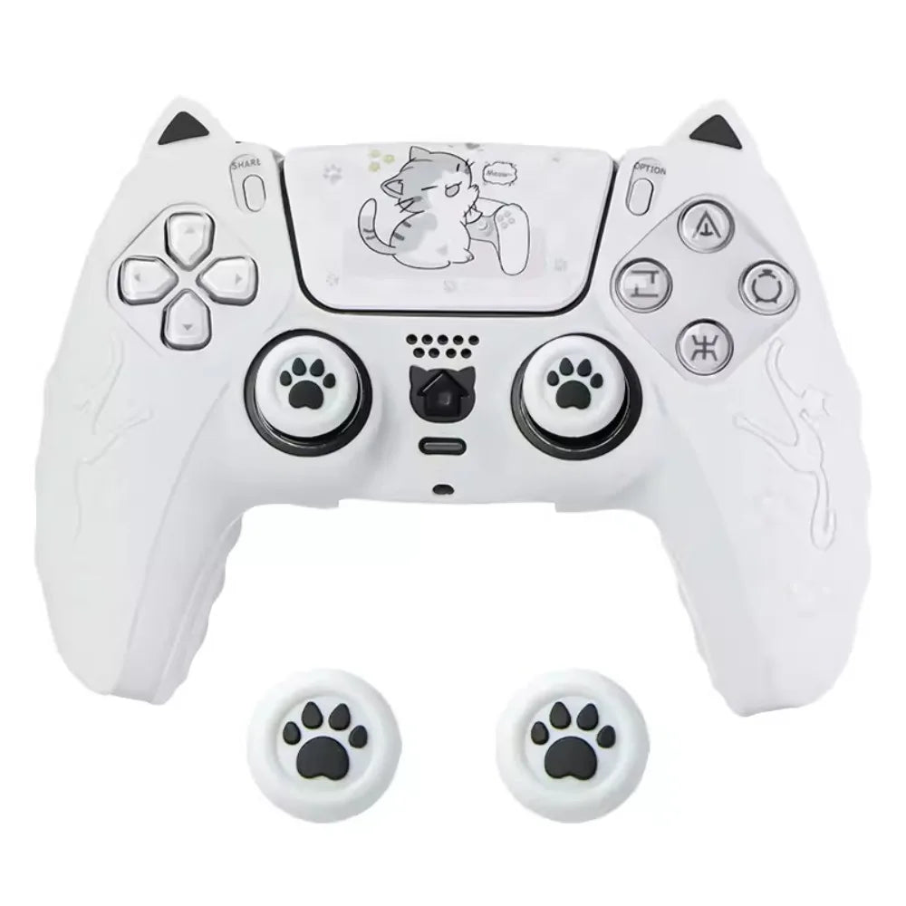 Silicone Controller Case Set Cat Paw with Sticker Controller Skin with Thumb Grip Caps Anti-slip Protective Shell Cover for PS5