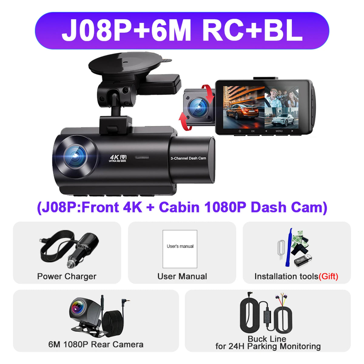 Kocam 3 Camera WIFI GPS 4K Dash Cam Car Dvr Interior Vehicle Three Way Channel Dvrs Recorder Video Registrator Dashcam Camcorder