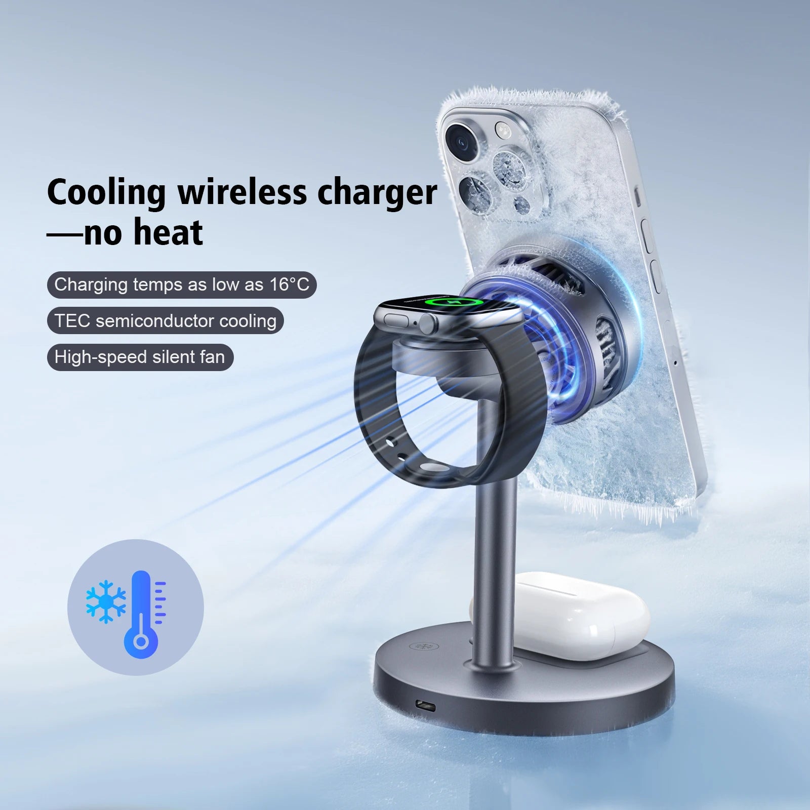 25W Wireless Charging Station with Cooling Fan QI2.2 Wireless Charger Stand for iPhone 17/16/15/14/13/12, Apple Watch, AirPods