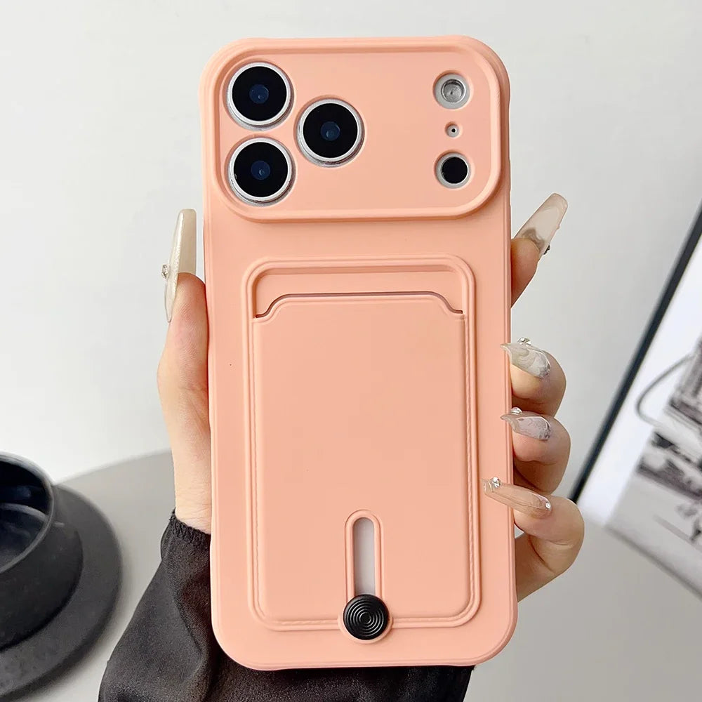 Fine hole sliding card holder silicone phone case for iPhone 17 17E 16E 16 15 14 13 12 11 Pro Max Air Mini shockproof soft Cover