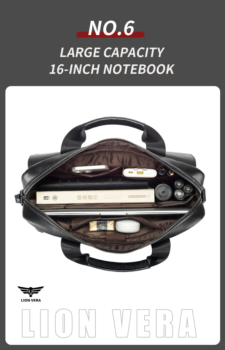 LION VERA Men's Genuine Leather Briefcase Business Casual Commuting Bag Portable Crossbody Shoulder Bag 15.7-inch Laptop Bag