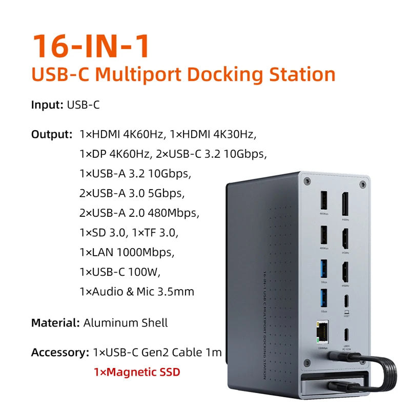 CABLETIME 16 IN 1 USB C Docking Station 4K HDMI-compatible M.2 SSD Enclosure Ethernet 100W PD Dock Hub SD/TF Working Station