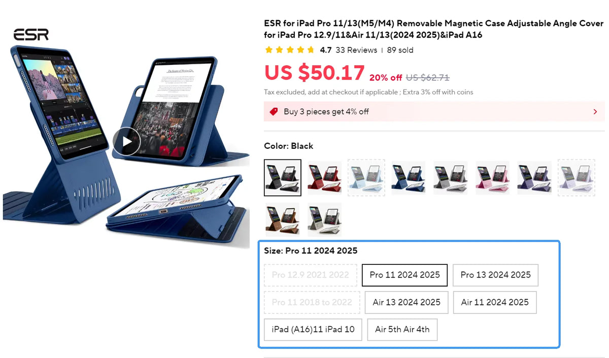 ESR for iPad Pro 11/13(M5/M4) Removable Magnetic Case Adjustable Angle Cover for iPad 11(A16)& Air 11/13(2026/2025/2024)