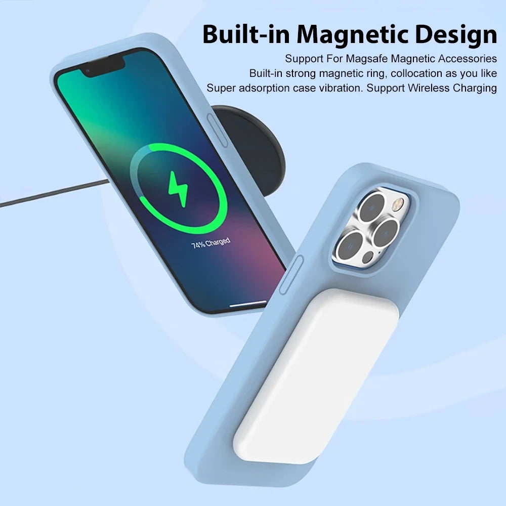 For Magsafe Liquid Silicone Case For iPhone 15 14 13 12 11 Pro Max Plus Wireless Charging Soft Back Cover Shockproof Accessories