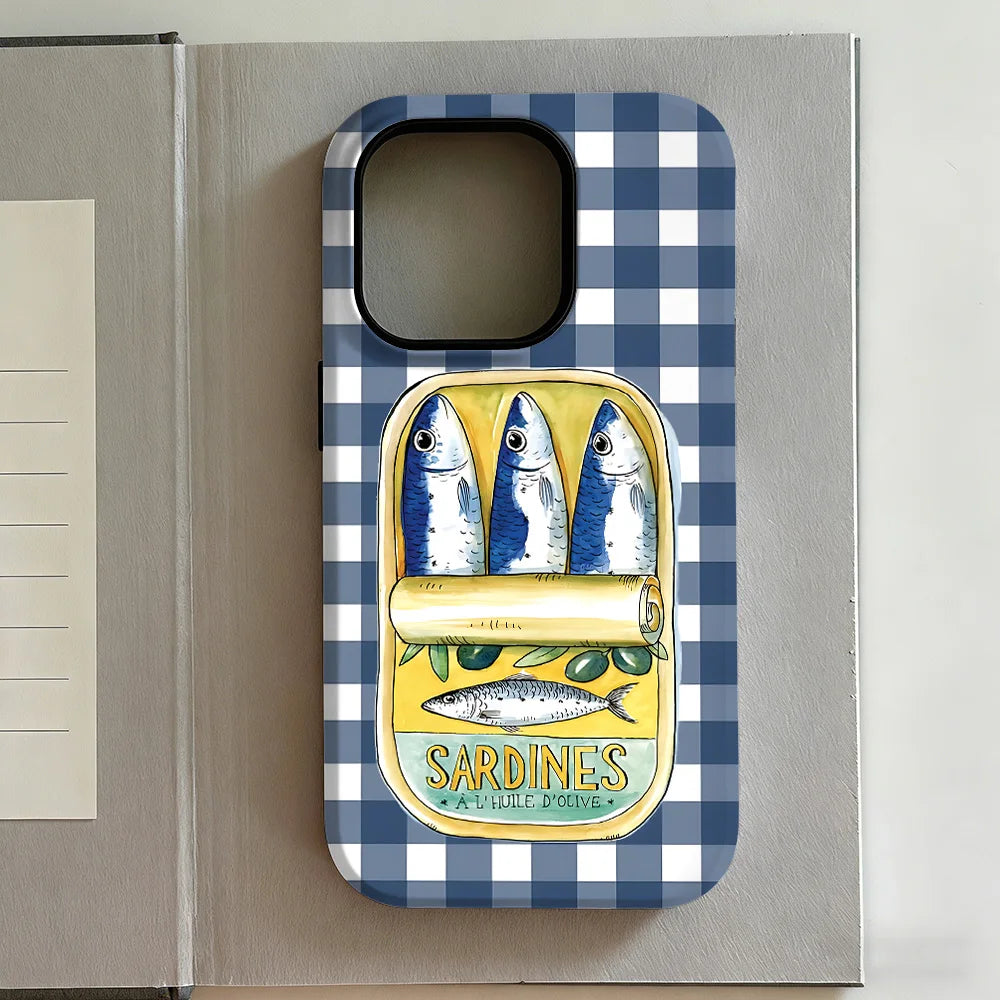 Striped Canned Fish Phone Case for iPhone 17 16e 16 15 14 13 12 11 X XS XR XSMAX 7 8 Air Pro Max Plus Luxury Double-layer