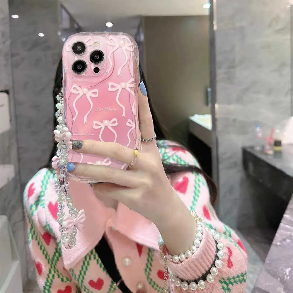 Pink Bow Pattern Chain Case For Samsung Galaxy S25 Ultra S22 S21 S20 Plus S21FE S20FE S25FE A31 Soft Silicone Cover