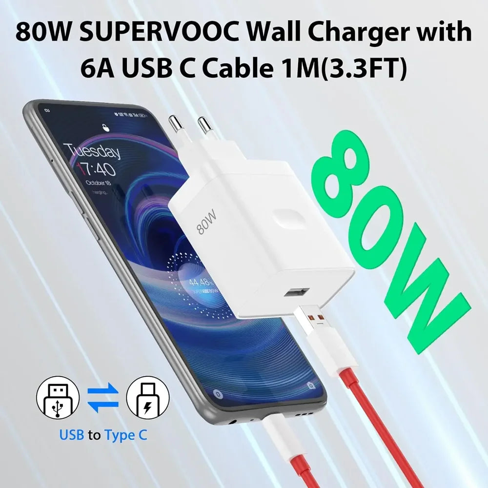 EU Plug 80W Ultra Fast Charger For OnePlus 8 9 10 11 12 13 Nord 2 2T N200 N300 5G OPPO Realme Type C USB SuperVooc Charge Cable