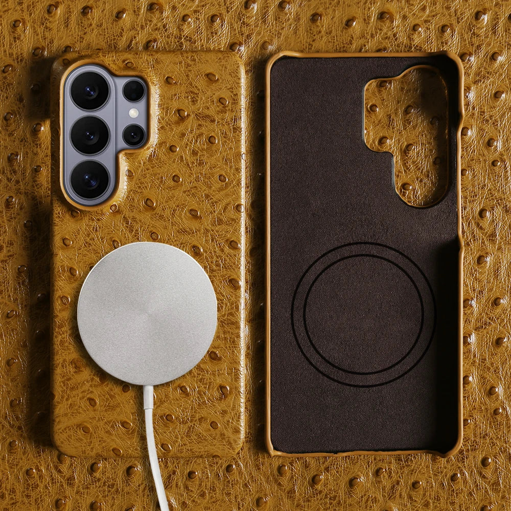 For Magsafe Ostrich Genuine Leather Case for Samsung Galaxy S23 FE S24 S25 S26 Ultra S22 Plus S21FE S20 Cowhide Back Cover Coque