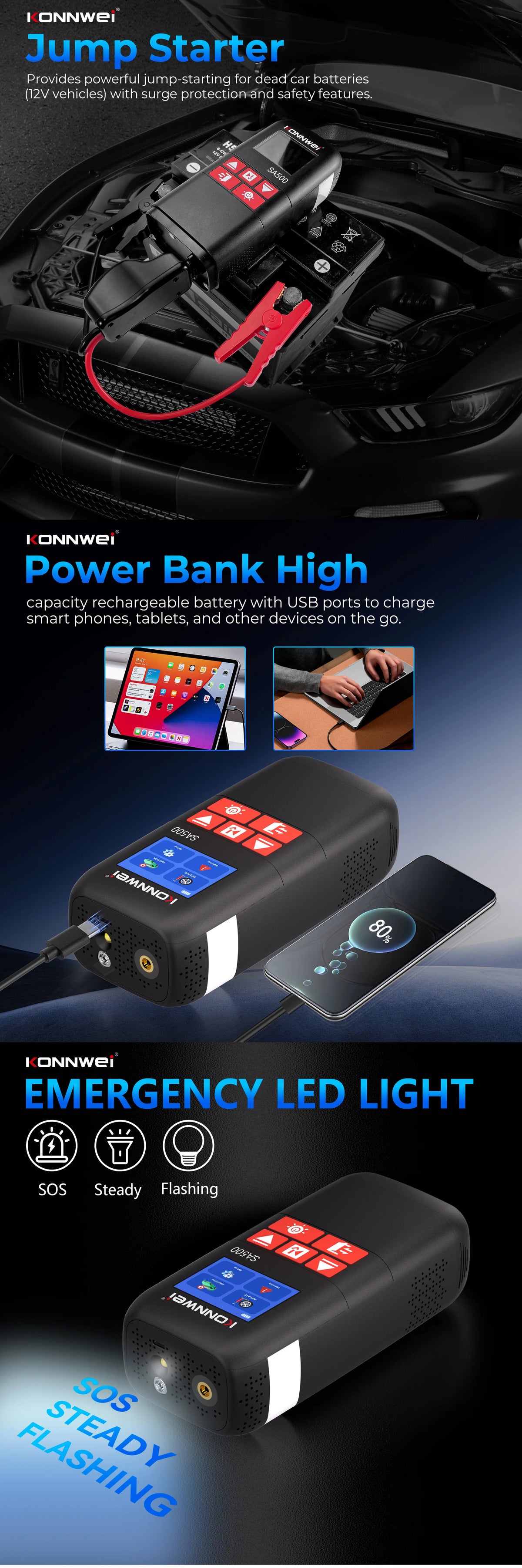 KONNWEI SA500 Car Jump Starter with Air Compressor 12V Portable Battery Booster Tire Inflator Power Bank Vehicle Emergency Start