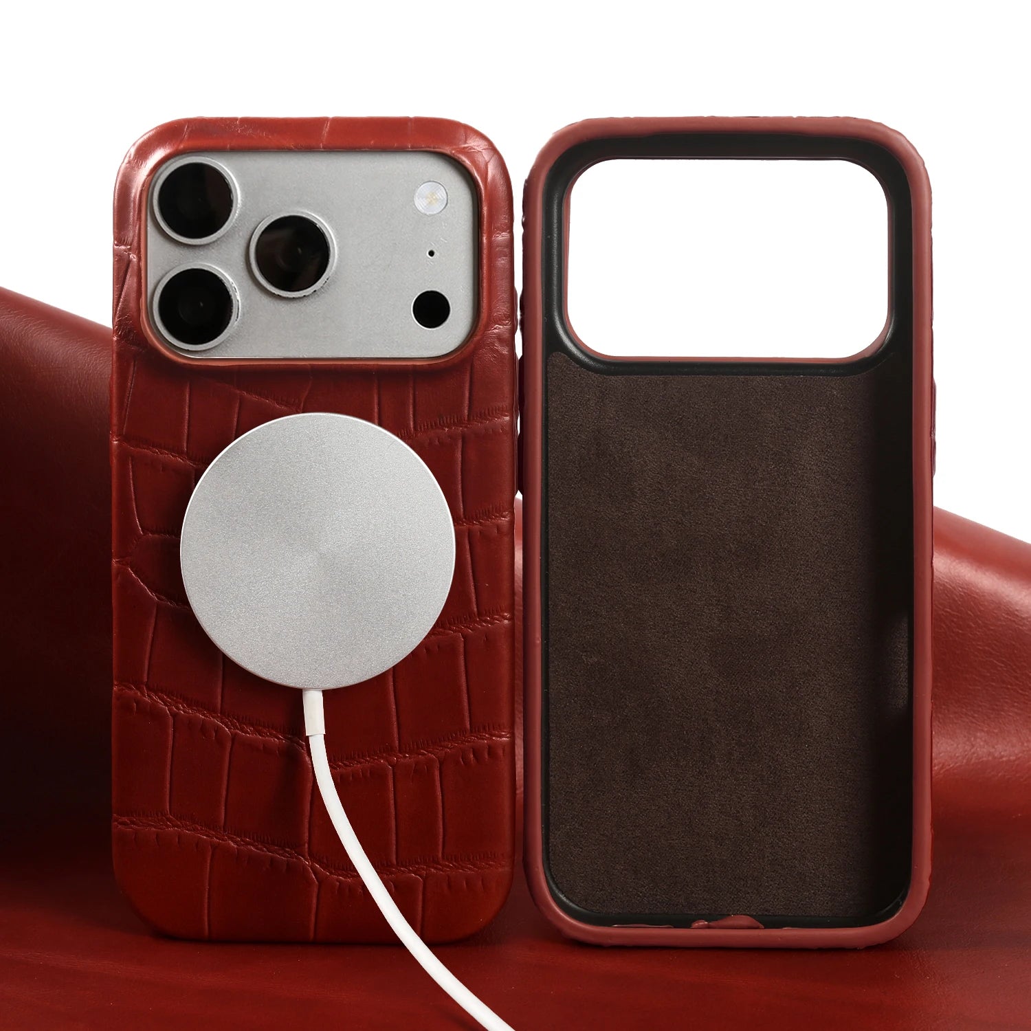 Crocodile Pattern Genuine Leather Phone Case Magnetic Charging Cover For iphone 17 Pro Max iphone Air 16 15 14 Cowhide BackShell