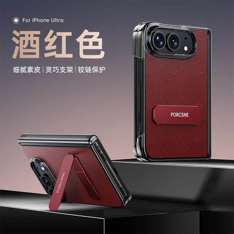 For iPhone Ultra Fold Case Luxury Matte Leather Ultra-Thin Skin-Friendly Folding Hinge Holder Shockproof Back Cover Accessories