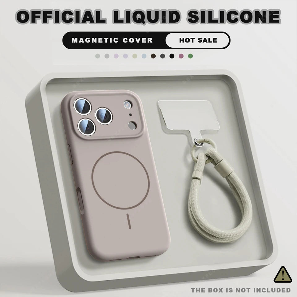 Magnetic Wrist Strap Liquid Silicone Phone Case For iPhone 11 12 13 16 17 Pro Max Air 15 14 16 Plus 16E Magsafe Lanyard Cover