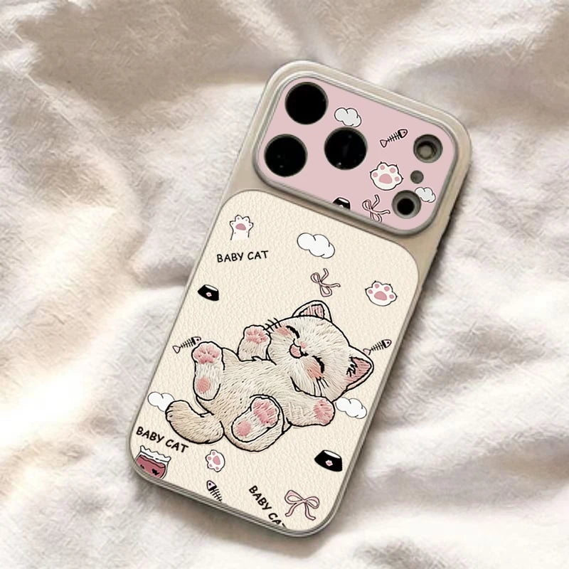Embroidere Cat Large Viewing Window Phone Case For iPhone 17 Air 16 15 14 13 12 11 Pro Max Pro Dustproof Hard Skin texture Cover
