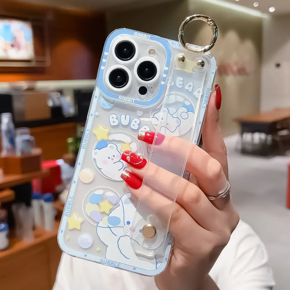 SoCouple Bear Rabbit Wrist Strap Case For Samsung S23 S24 S22 S21 S20 FE Plus Ultra Note 10 20 Soft Silicone Phone Holder Cover