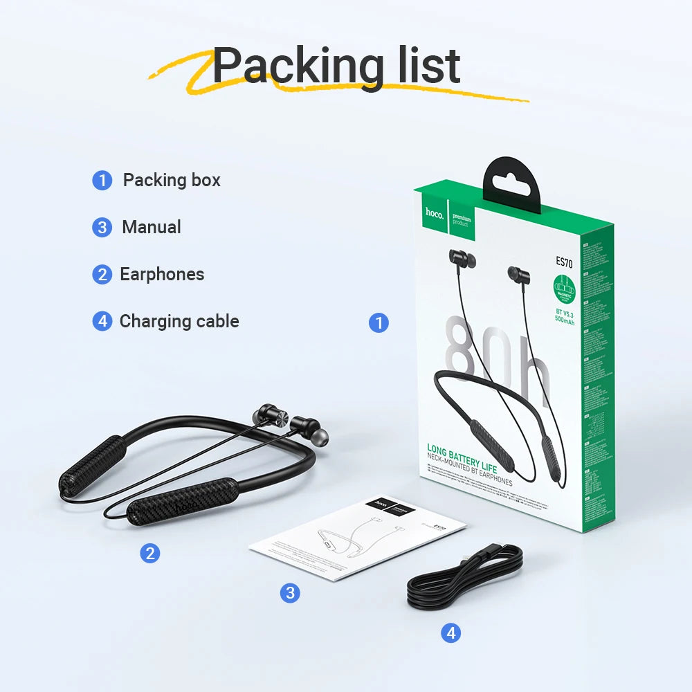 HOCO ES70 Neckband Headsets Bluetooth Wireless Headphones Outdoor Sport Earphones Portable Hifi Sounds Earbuds With Microphone
