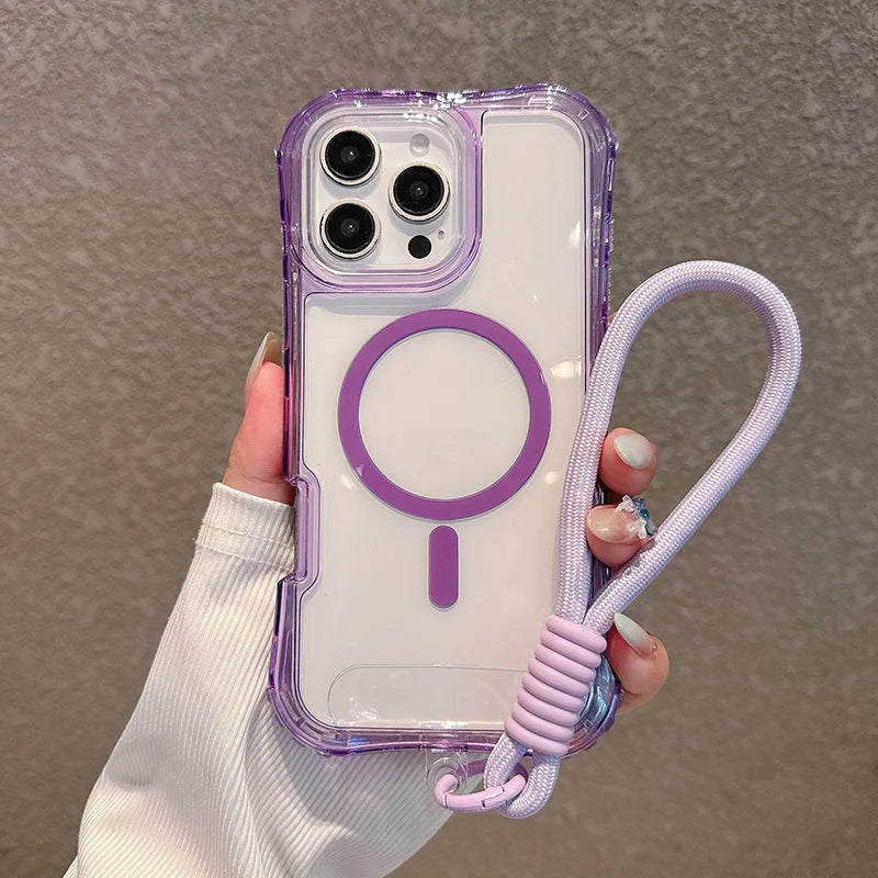 3IN1 Candy Color Clear Shockproof Phone Case for IPhone 17Air 16E 15 14 Plus 13 12 Pro Max Lanyard Magnetic Charge Protect Cover