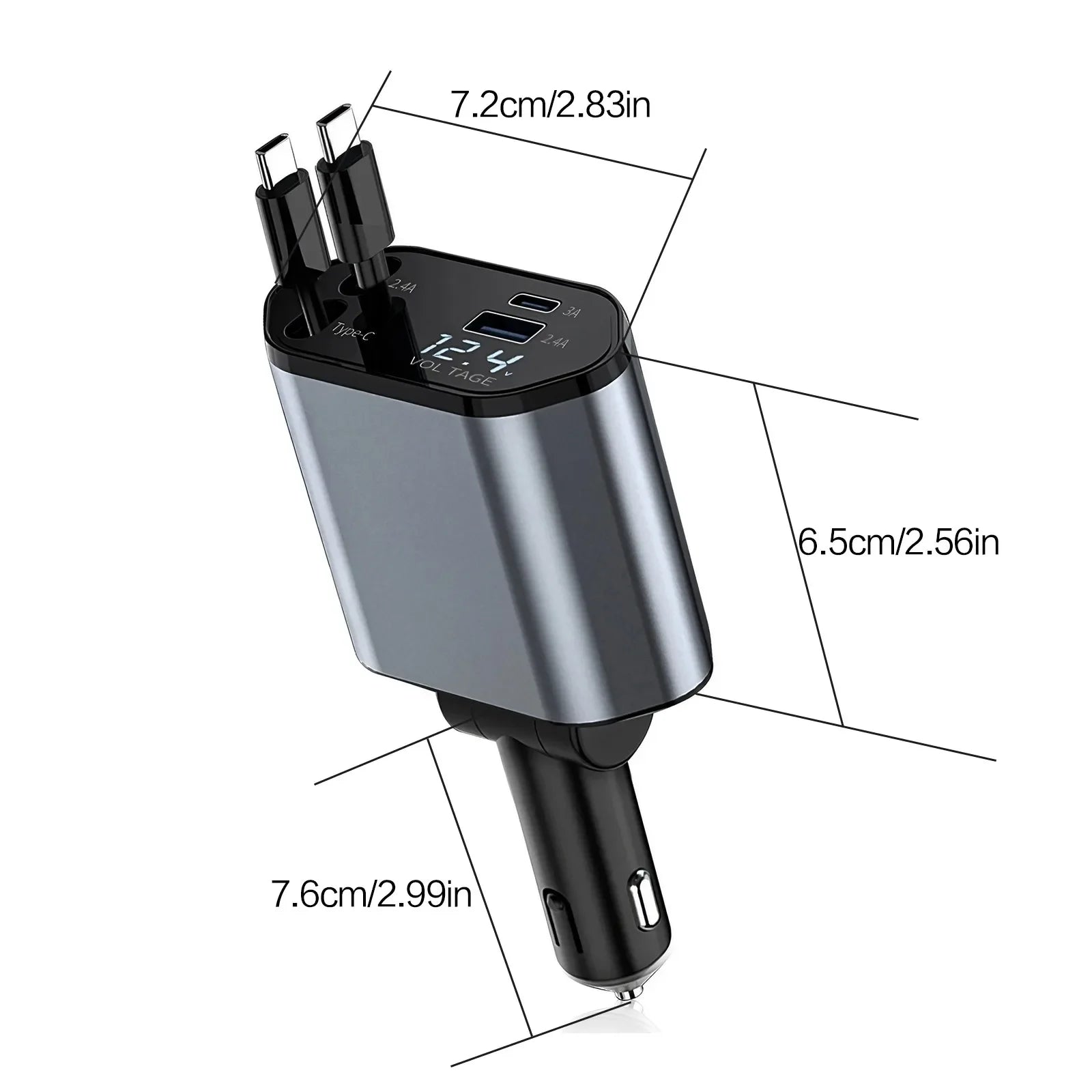 4 in 1 Retractable Car Charger Fast Charging Car Charger  with USB Type-C Cable & 2 Type C Charging Ports, Universal Car Charger