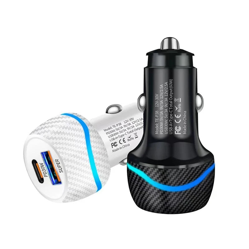 60W Dual Port Car Charger Carbon Fiber Style USB C PD 30W QC 30W Fast Charging Auto Cigarette Lighter For iPhone For Samsung