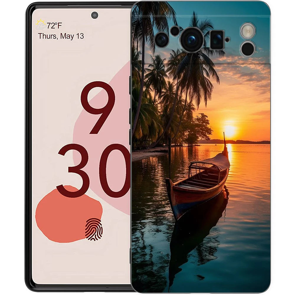 Summer Beach Scene at Sunset on sea Palm Tree Phone Case For Google Pixel 9 8 7 6 Pro XL 8A 7A 6A TPU Shell Shockproof Cover