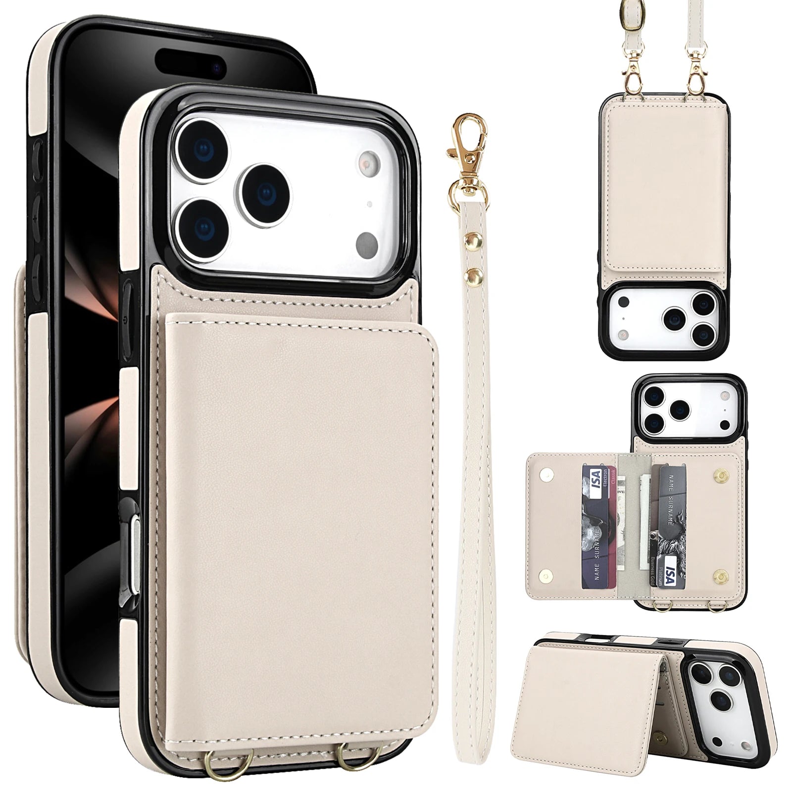 Crossbody Card Holder Wallet Leather Case For iPhone 17 Pro Max 16 Plus 15 Plus 14 13 12 11 Strap Pocket kickstand RFID Cover