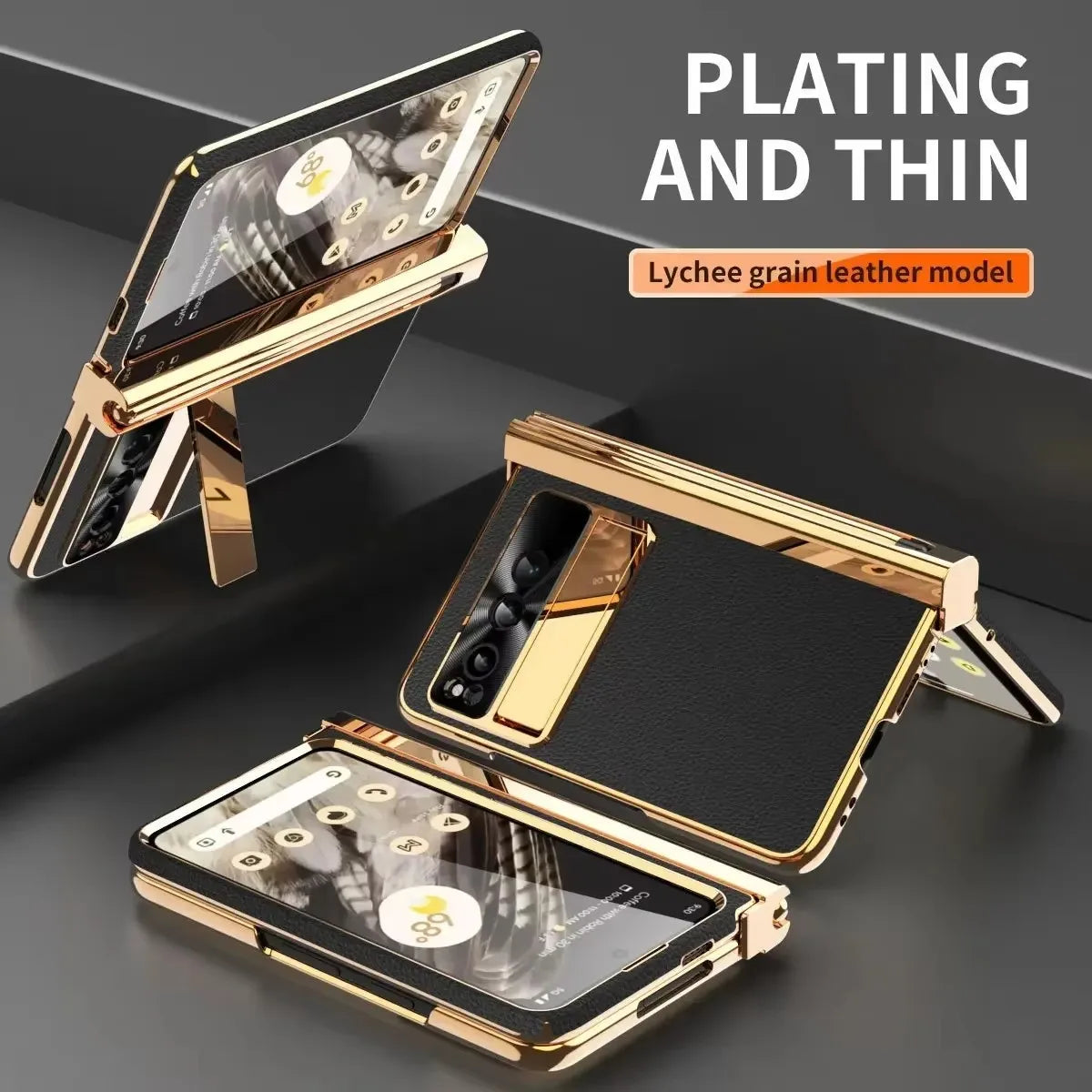 Phone case For Google Pixel Fold Plain Leather Plating Bracket Double Hinge with Pen Shell Film All-inclusive Protective Case