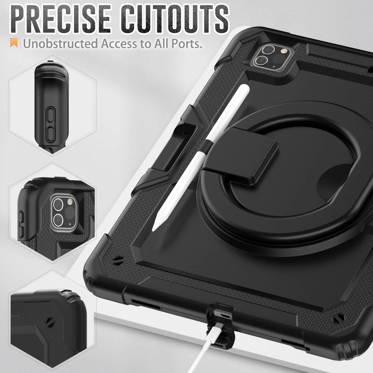 for iPad Pro 12.9'', Military Grade Shockproof Protective Silicone Cover 360 Folding Handle Grip + Handle Shoulder Strap