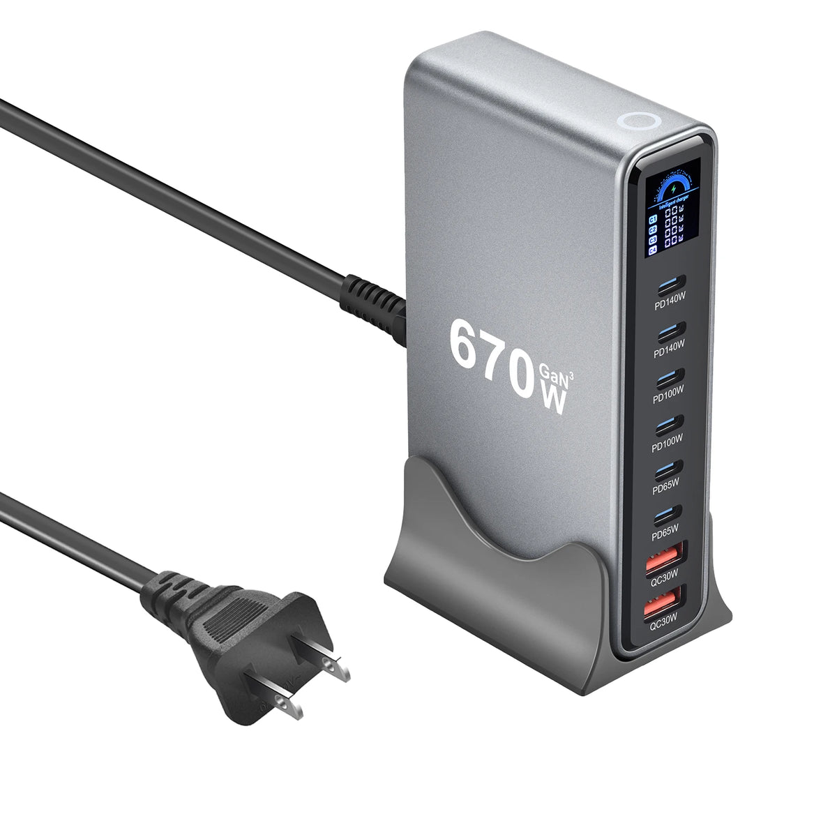 670W GaN Fast Charging Desktop Charger with Display 140W USB-C Port 8-Port Station for Phones And Tablets