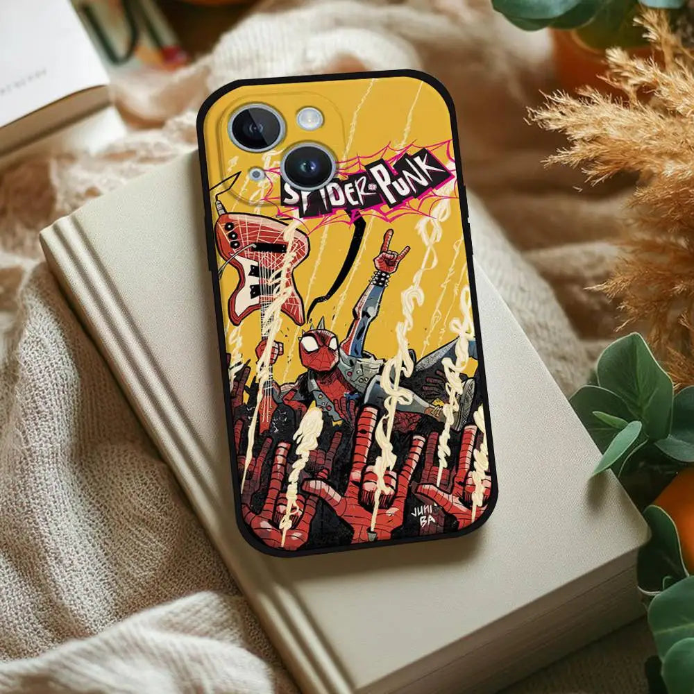 S-Spiderman Punk Style Phone Case For IPhone 1716 15 14 13 Pro Max 11 12 Mini X Xs XR Black Silicone Cover