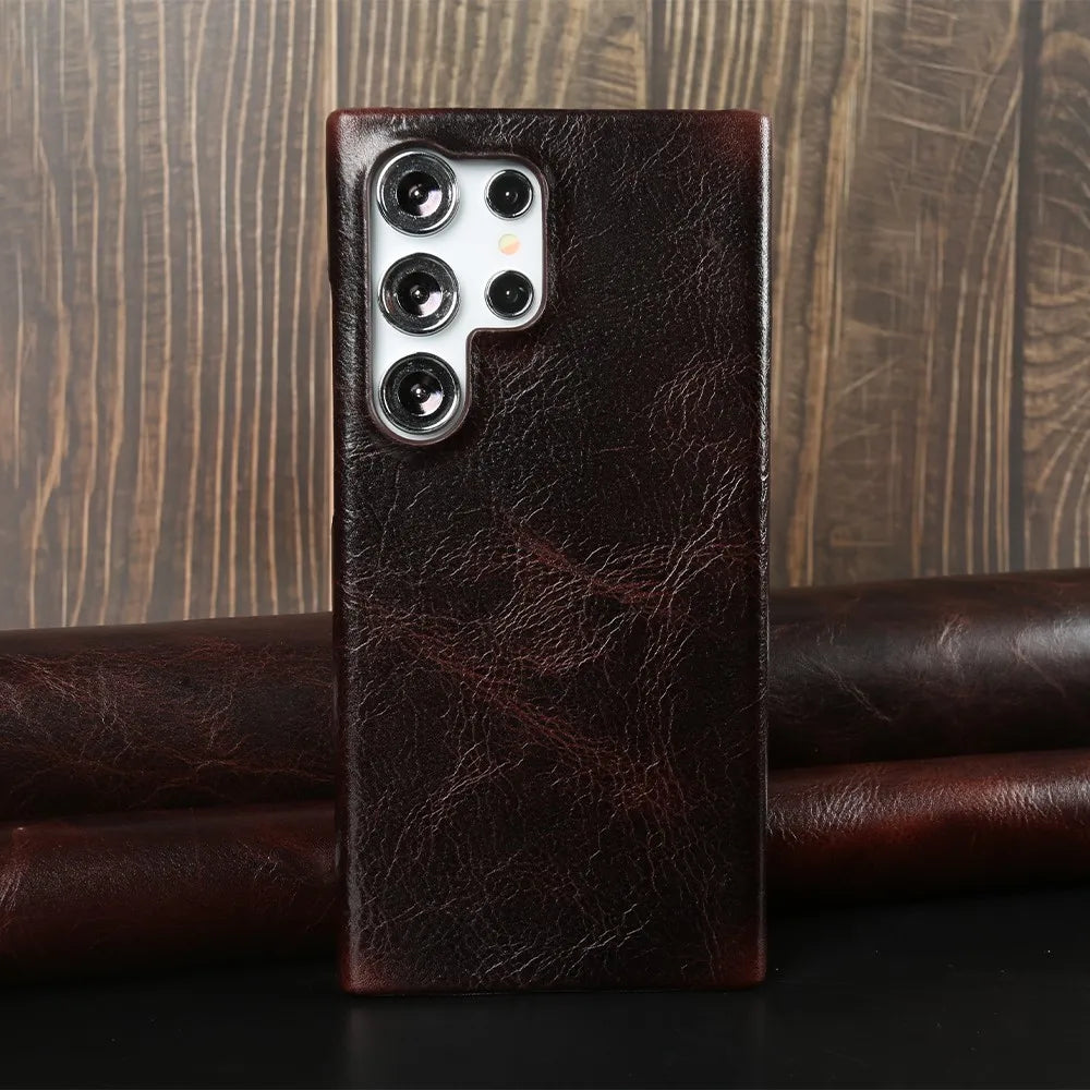 Luxury Genuine Leather Case for Samsung Galaxy S24 Ultra S23 S22Plus S21FE S20 Real Cowhide Leather Phone Cover Back Shell Coque
