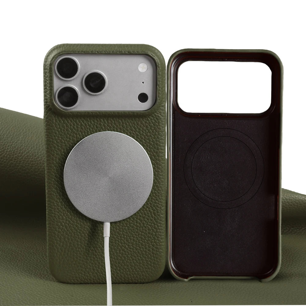 For Magsafe Magnetic Lychee Genuine Leather Case For iphone 17 Pro Max Air 13 14 15 16 Pro Max 16e 17e Phone Back Cover Cases