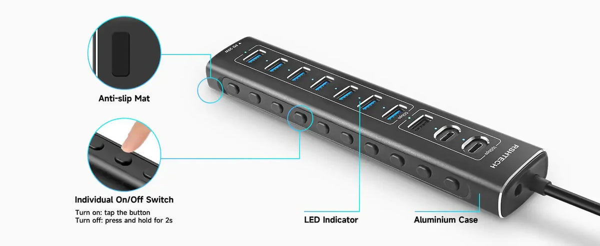 RSHTECH 60W USB 3.1 Hub 10Gbps for Laptop Macbook with 7 USB3.0 Port and 20W PD Aluminum USB Splitter Data Transfer Dock Station