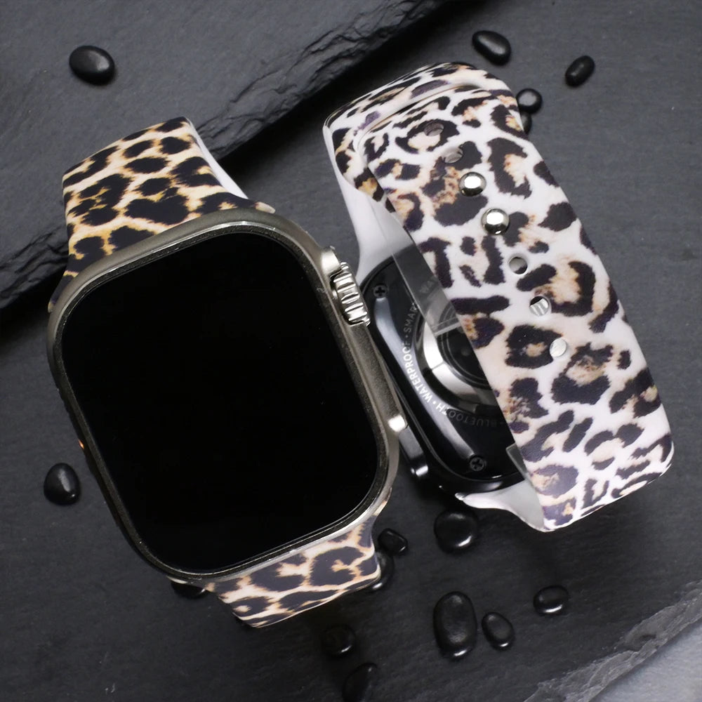 Silicone Leopard Printed Watchband for Apple Watch Ultra 4 3 49mm 40 42mm 44 Bracelet for IWatch Series 12 11 10 46mm 9 41 45mm